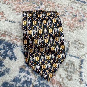 Lanvin Paris Men’s Navy silver gold butterfly print 100% silk luxury neck tie